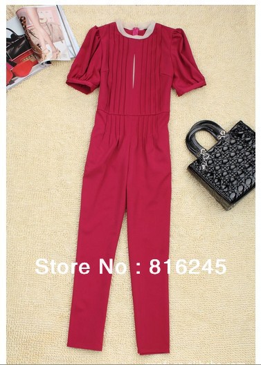 fashion jump suits short puff sleeves folding design rushing on bust slim women's jumpersuits purple red/ Green