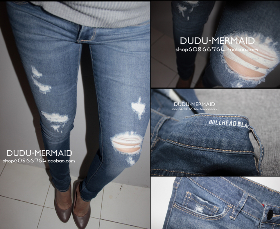 Fashion knee hole line wearing white low-waist elastic denim skinny pants