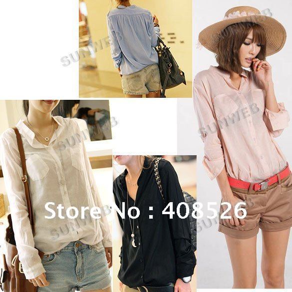 Fashion Korea Button Down Shirt Long Sleeve Casual Womens Shirt Tops Blouse Free Shipping 7095