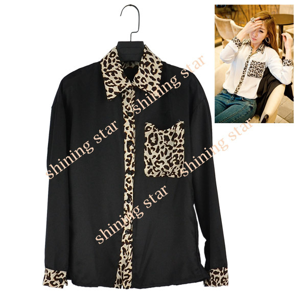 Fashion Korea Casual Women Long Sleeve Chiffon Loose Blouse Button Down Top Black / White S10048