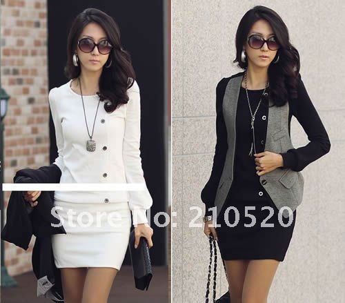 Fashion Korea Lady Sexy Five Buckl Round Crew Neck Long Sleeve Casual Mini Dress