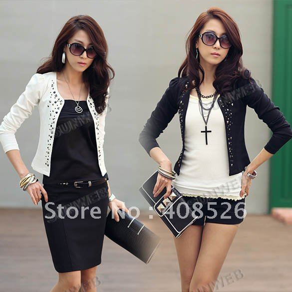 Fashion Korea Women's ladies coat Stylish Rivet Stud Long Sleeve Mini Small suit Outwear Black, White free shipping 7522