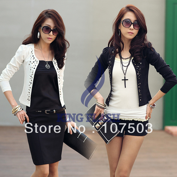 Fashion Korea Women's ladies coat Stylish Rivet Stud Long Sleeve Mini Small suit Outwear Black, White free shipping 7522