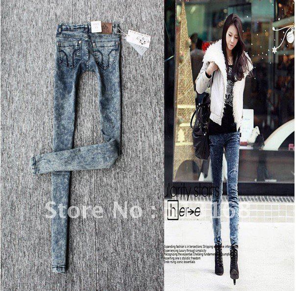 Fashion Korean Hot Sale Slim Ladies' trousers Light blue snowflake denim jeans free shipping