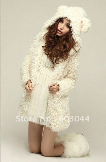 FASHION KOREAN STYLE CUTE BEAR EARS HOODED LONG PLUSH COAT BEIGE+WOMEN'S WINTER COAT + FREE SHIPPING (1PC) 2081