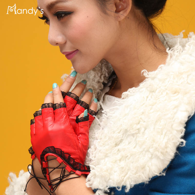 Fashion lace decoration semi-finger female hip-hop gloves sheepskin genuine leather gloves a18121