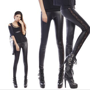 Fashion laciness both sides of the spring and autumn faux leather new arrival lace sexy pants female legging