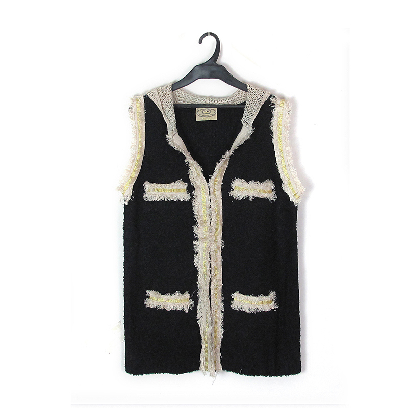 Fashion ladies elegant small black knitted sweater long design with a hood vest female