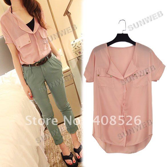 Fashion Ladies Women's short sleeve See Through Button Down Shirt Chiffon Blouse Top with Pockets 2 Colors free shipping 7346