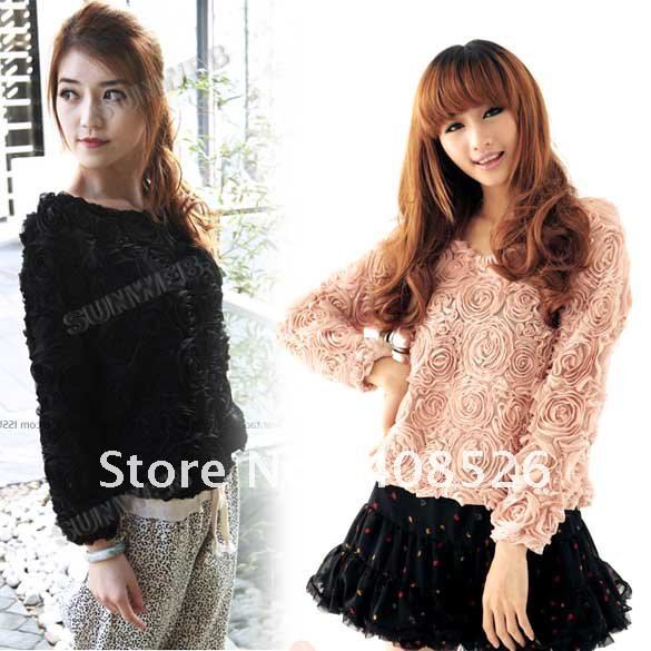 Fashion Lady 3D Lace Rose Flower Pullover Chiffon blouse lady Shirt Tops Loose T-shirts Blouse women sweater 7408