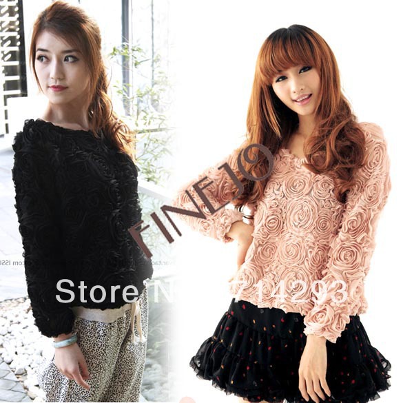 Fashion Lady 3D Lace Rose Flower Pullover Chiffon blouse lady Shirt Tops Loose T-shirts Blouse women sweater 7408