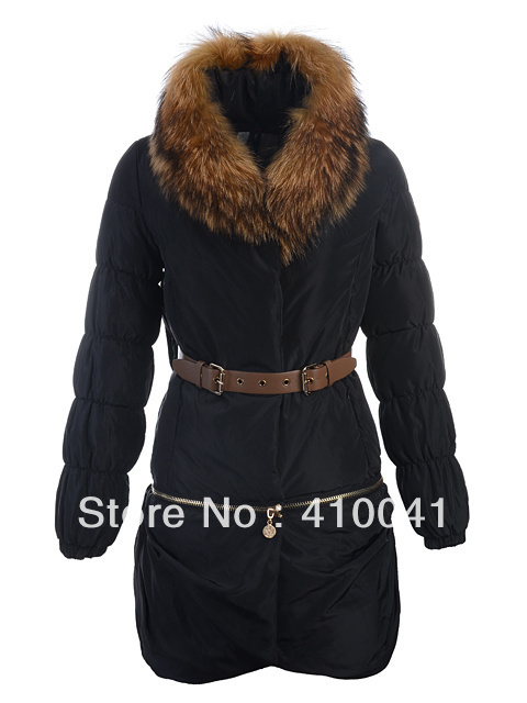 Fashion Lady Natural Fur trimmed collar long Detachable top and bottom down Jacket coat outwear,leather belted,Black,Khaki,1-4