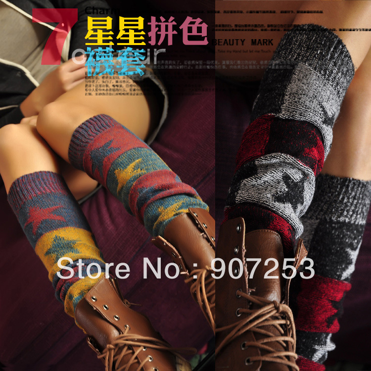 Fashion lady woman leg warmers footless knee high winter Rabbit wool mixed five-pointed star knit socks colors