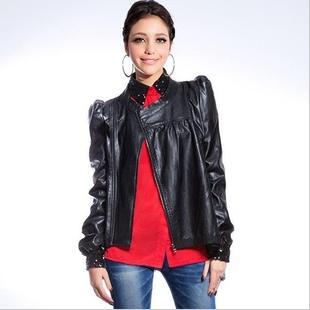 Fashion large wowed stand collar lace patchwork leather clothing motorcycle leather clothing women's outerwear yz16099