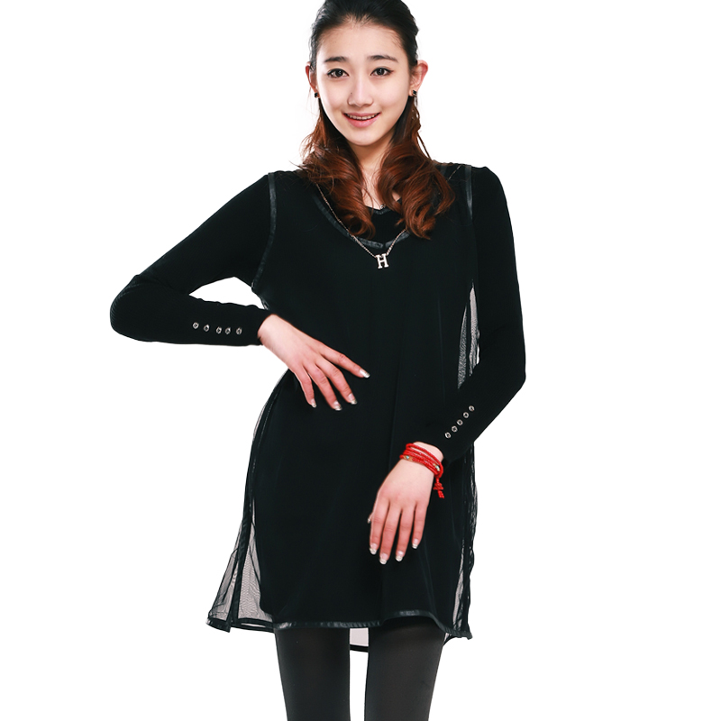 Fashion leather hemming gauze vest twinset knitted sweater basic shirt 2013 spring one-piece dress female