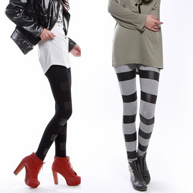 Fashion leather pants faux leather legging female autumn and winter stripe patchwork legging female plus size autumn ankle