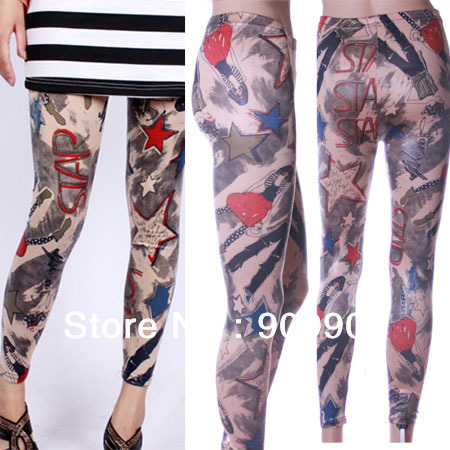 Fashion leggings! New Fashion Faux Leather Leggings Star Graffiti Skinny Tights Pants free shipping