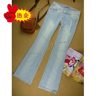 Fashion lei distrressed women's light blue jeans boot cut flare trousers plus size available