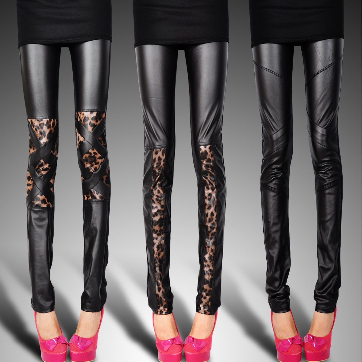 Fashion leopard print legging patchwork tight faux leather trousers patchwork matt faux leather legging Women autumn and winter