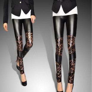 Fashion leopard print legging tights faux leather pants patchwork faux leather legging ankle length trousers autumn and winter