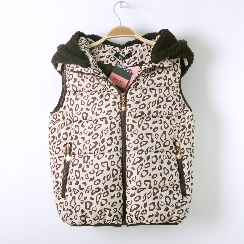 Fashion leopard print thickening detachable cap Women vest