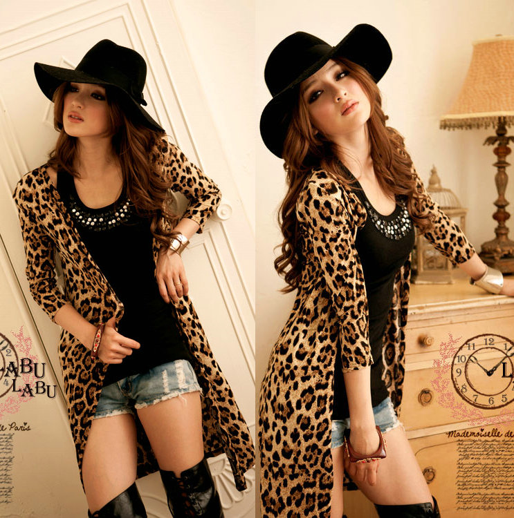 Fashion Leopard Shrug three quarter sleeve Cardigan Long Section Jacket Coat for Women