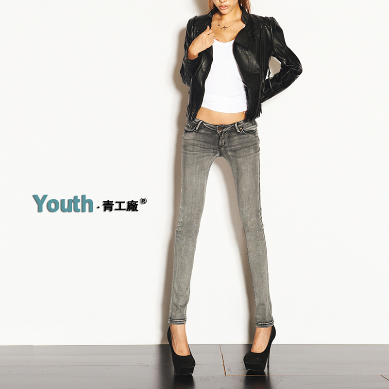 Fashion Light gray ultra elastic jeans female skinny pants tight pencil pants trousers pants