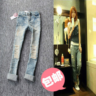 Fashion long design loose light color hole wearing white bf jeans retro finishing distrressed denim women's