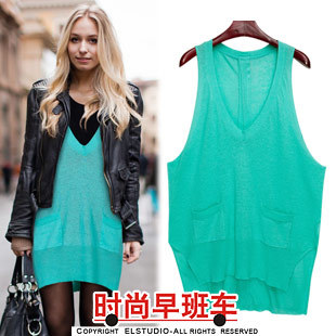 Fashion loose plus size irregular medium-long sleeveless pullover sweater kn511