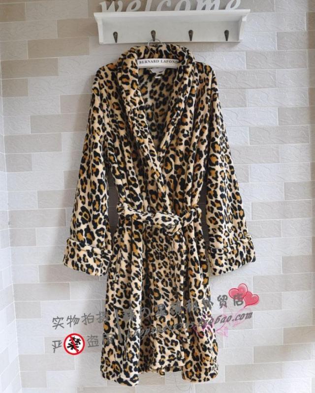 Fashion lovers design leopard print coral fleece derlook sleepwear robe bathrobes belt plus size available