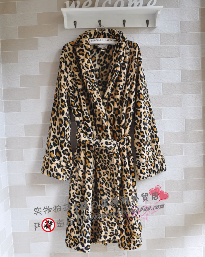 Fashion lovers design leopard print coral fleece derlook sleepwear robe bathrobes belt plus size available