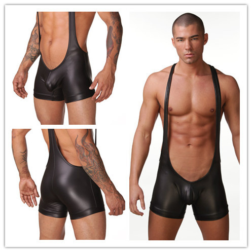 Fashion male panties faux leather one piece body shaping underwear classic spaghetti strap leather pants