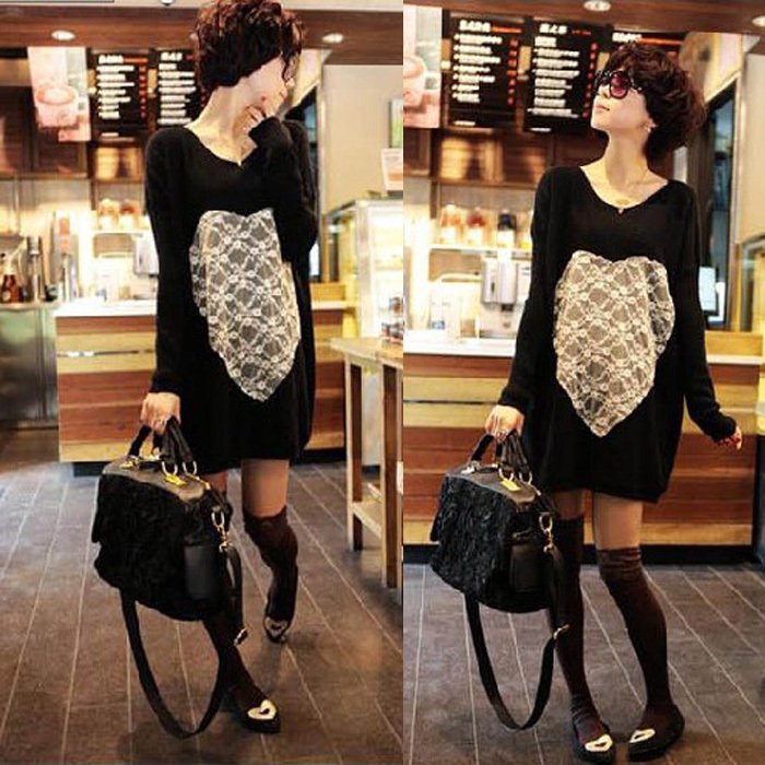 Fashion maternity clothing spring and autumn fashion o-neck lace love sweater slim rabbit fur autumn one-piece dress