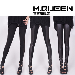 Fashion matt faux leather patchwork plus size spring and autumn faux leather pants elastic legging female