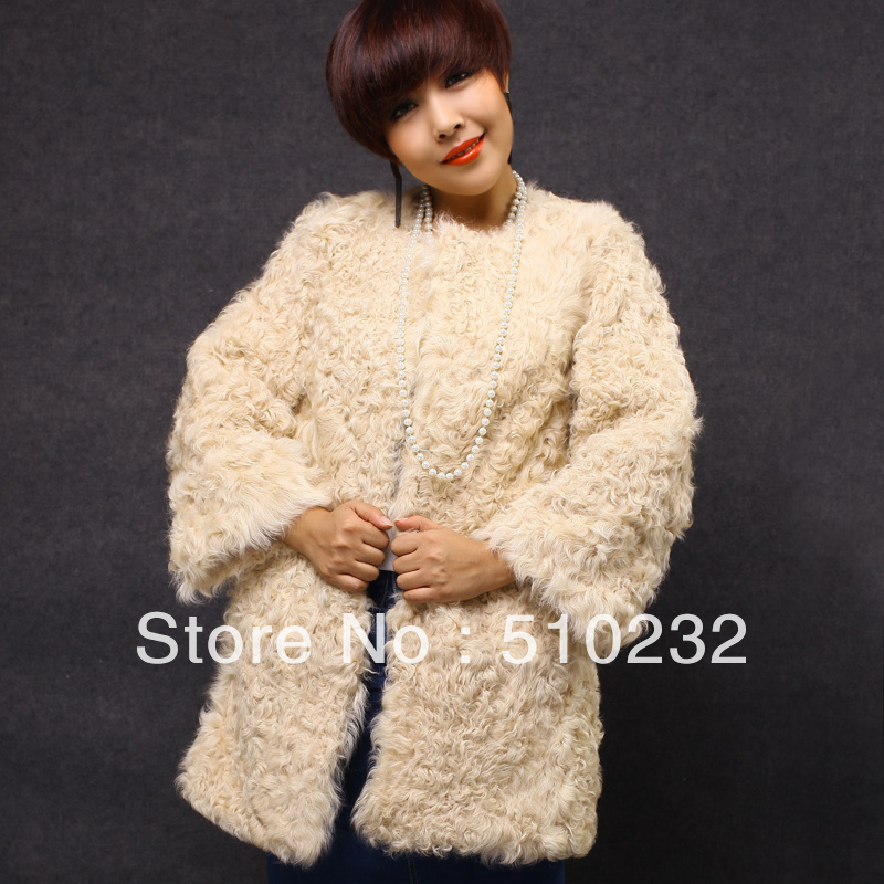 Fashion medium-long real lamb fur coat womens stylish warm fur overcoat