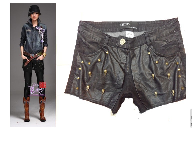 fashion metal skull heads  rivet Denim shorts fashion new style