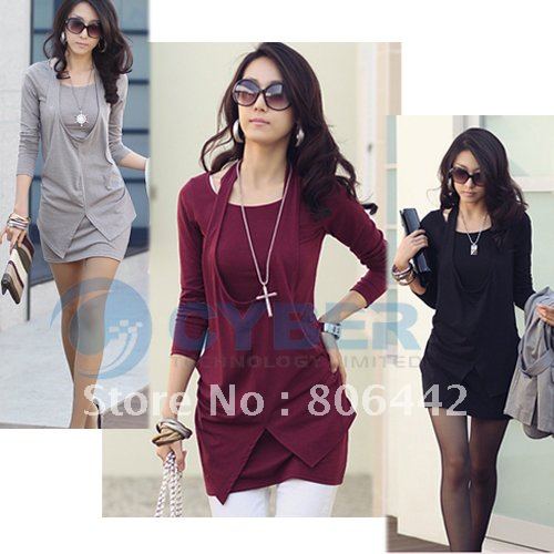 Fashion Mini Women Dress Long Sleeve Crew Neck Cotton Casual Short Long Tops 4 Colors