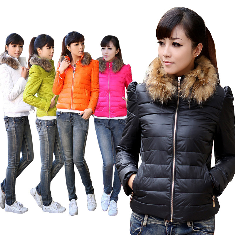 Fashion motorcycle outerwear candy color the disassemblability fur collar female short design down coat wadded jacket