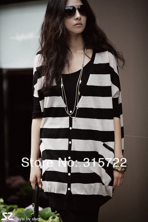 Fashion new hot lady slim black and white striped long sweater cardigan coat jackets P-029