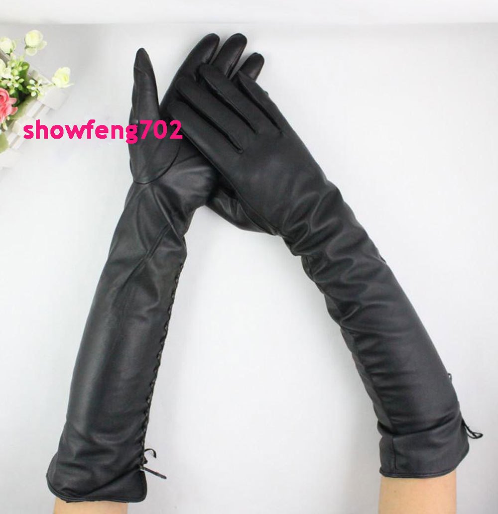 Fashion New sexy Black 45cm Long Genuine Lamb Leather Gloves S M L