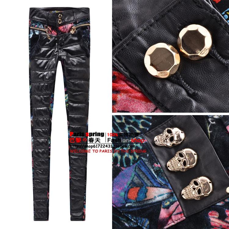 Fashion new style Leather patchwork 2012 corduroy pants down liner colored drawing butterfly basic flower