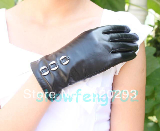 Fashion New Women Genuine Leather Winter Warm Wrist Gloves 3 Button M L