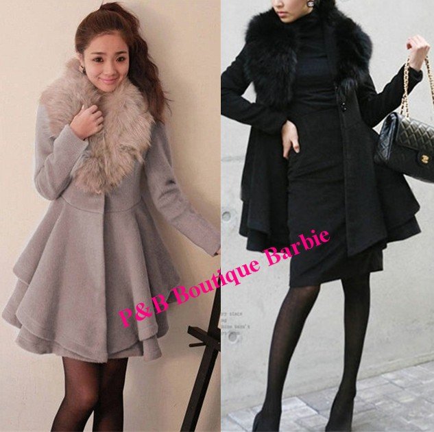 Fashion New Women's Slim Trendy Fur Collar Warm Wool Coat Jacket M L Gray, Black free shipping