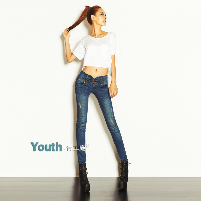 Fashion normic blue retro finishing hole jeans female skinny pants mid waist tight pencil pants trousers