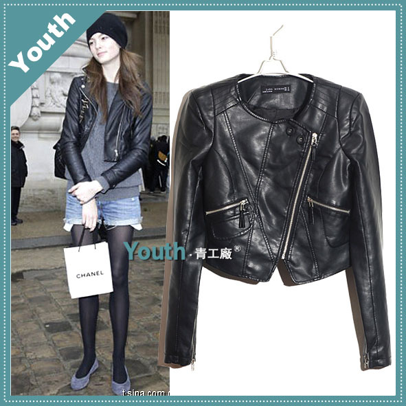 Fashion normic cuff zipper o-neck PU motorcycle slim ultra-short section of small leather clothing jacket outerwear