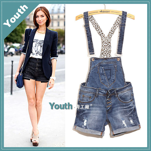 Fashion normic detachable suspenders Women water wash hole denim roll-up hem shorts low-waist shorts