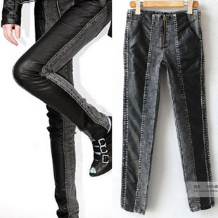 Fashion normic leather pants leather patchwork jeans female trousers legging boot cut jeans pants