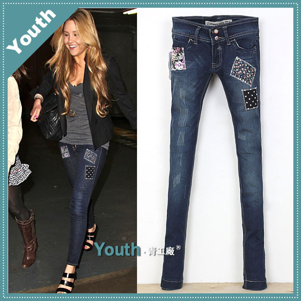 Fashion normic personality patch color buckle water wash jeans low-waist slim pencil pants