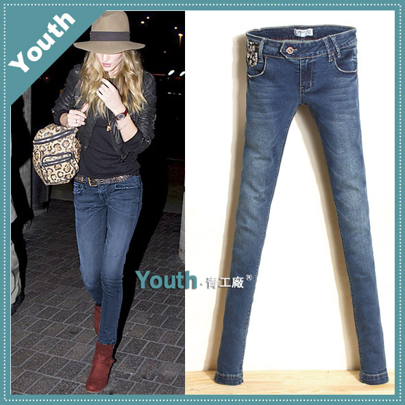 Fashion normic skull pocket jeans female skinny pants low-waist thin version of the pencil pants trousers