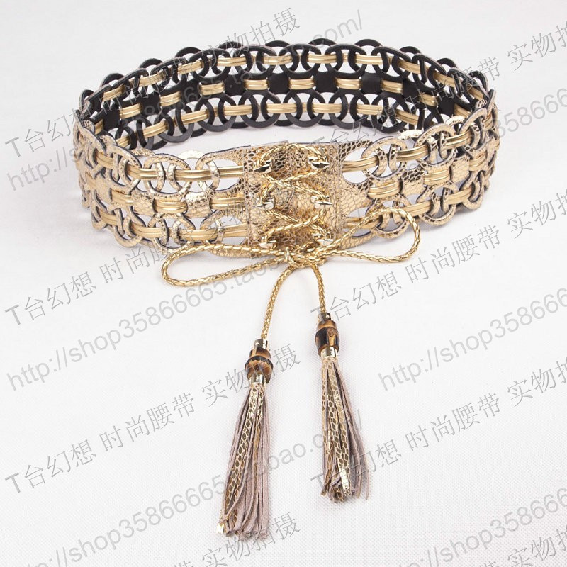 Fashion normic women's wide belt fashion cutout women's strap tassel strap decoration genuine leather cummerbund gold(BL005